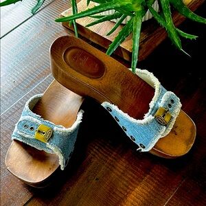 Denim Slide Sandals with Wooden Sole